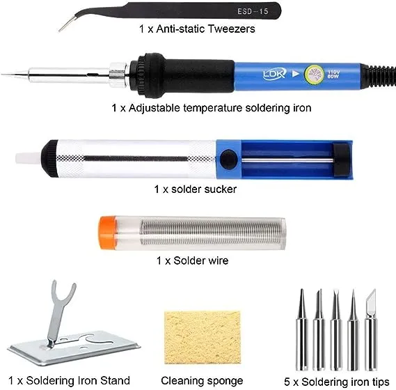 LDK Soldering Iron Kit Electric 60W 110V Adjustable Temperature Soldering Gun Welding Tools, 5pcs Replacement Tips and Solder Wire (Basic)