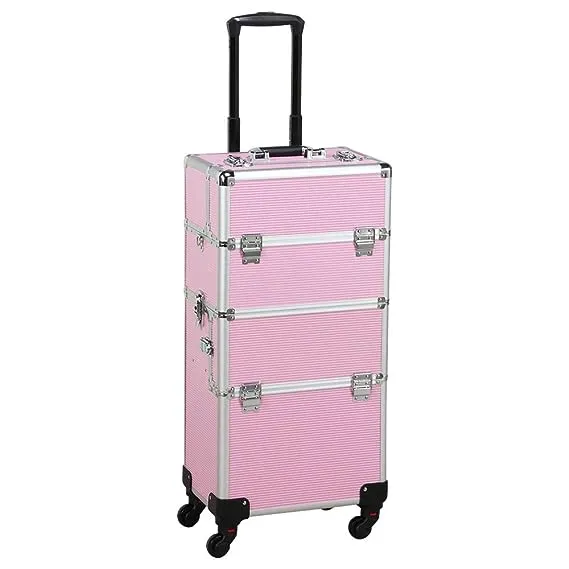 Yaheetech 3 in 1 Aluminum Rolling Makeup Case Large Cosmetic Train Case Big Trolley Organizer Case Makeup Organizer Travel Pink