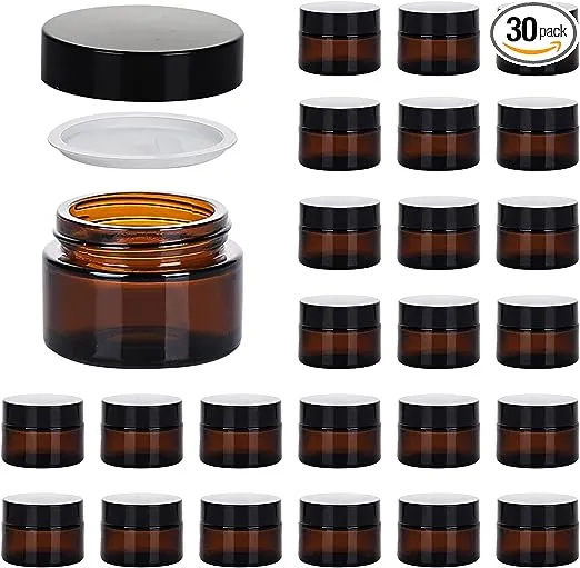 1oz Glass Jar with Lid, Hoa Kinh 30Pack Amber Round Containers Cosmetic Glass Jars with Inner Liners and Black Lids Travel Jars for Storing Lip and Body Scrub, Lotion, Body Butter, Bath Salts, Liquid