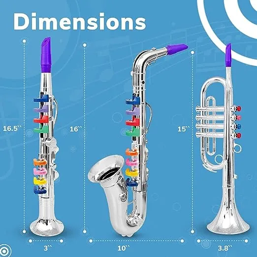 Set of 3 Kids Musical Instruments Toy Clarinet, Toy Saxophone and Toy Trumpet, 3