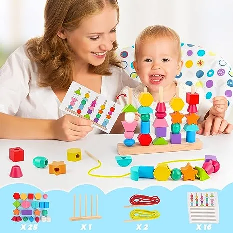 Montessori Wooden Beads Sequencing Toy Set, Stacking Blocks & Lacing Beads & Matching Shape Stacker for 2 3 4 5 Year Old STEM Preschool Learning Montessori Toys Gifts for Kids Boy Girl Toddler