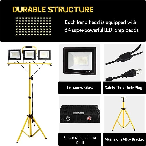 21000Lumens LED Work Lights with Stand, 3 Adjustable Work Lamp Head with Individual Switch, IP66 Waterproof Tripod Work Light for Outdoor Indoor Job Site Workshop Garage Construction Site