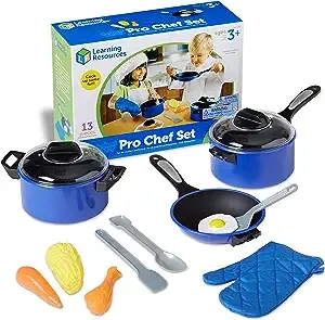 Learning Resources Pretend & Play Pro Chef Set, Kitchen Toys for Kids, Pretend Kitchen, Pots and Pans for Kids, 13 Pieces, Ages 3+