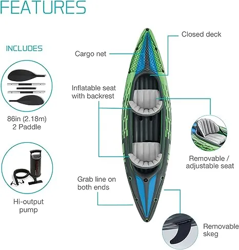 Intex 68306 Inflatable Canoe, Two Person Challenger K2 Kayak, 351 x 76 cm