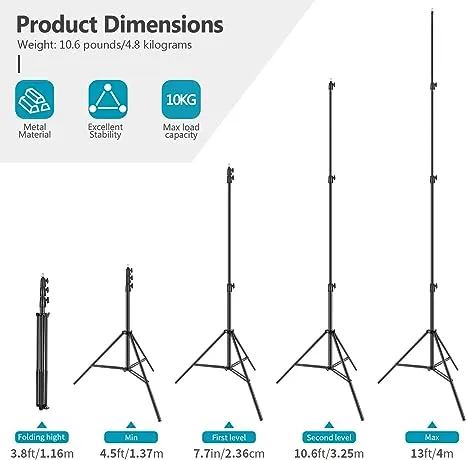 NEEWER Soporte de luz para Trabajo Pesado, Aleación de Aluminio, Soporte para Trípode de Fotografía Ajustable de 13 pies/4 m con Cojín de Resorte Incorporado para Luz LED de Estudio-Negro