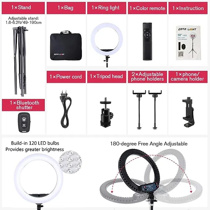 EOTO Light 18 inch LED Ring Light with Tripod Stand Dimmable Makeup Selfie Ring Light for Studio Portrait Youtube Vlog Video Shooting with Carrying