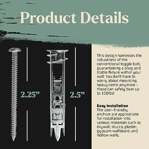 Mortice and Tenon Easy Anchor Toggle Bolts & Screws kit | Extra Zinc Coating | Hang Towl Bars, Curtains, Bathroom Mirror ect. | (#8 x 2-1/2") 10 Pack | Holds 100lbs