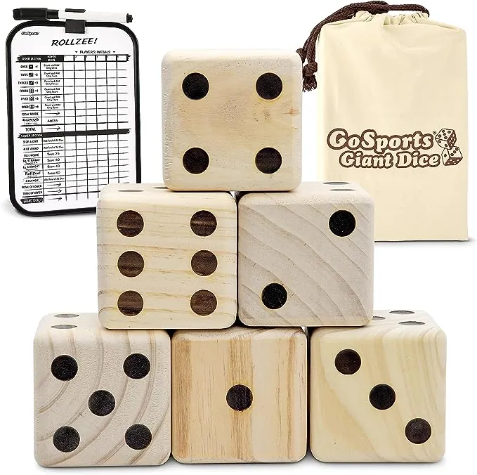 GoSports Giant Wooden Playing Dice Set with Rollzee and Farkle Scoreboard - Includes 6 Dice, Dry-Erase Scoreboard and Canvas Tote Bag - Choose 2.5 Inch or 3.5 Inch Dice)