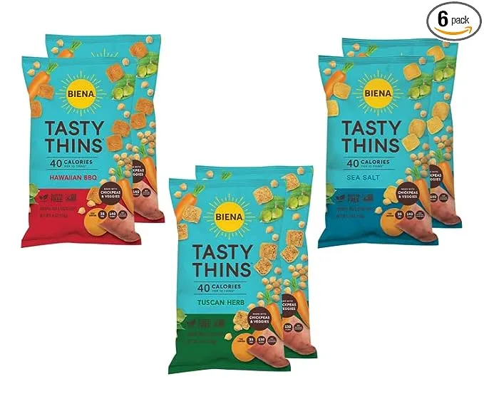 BIENA Tasty Thins Veggie Crisps - Low-Calorie Veggie Chips for Adults and Kids - Variety Pack (6x4-oz Bags) - Hawaiian BBQ, Himalayan Pink Salt, & Nacho