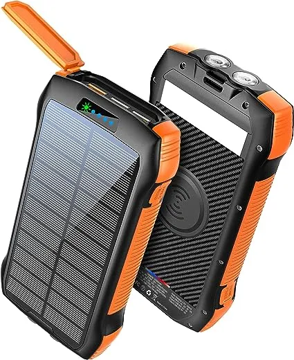 Portable Charger, Solar Power Bank 33500mAh QC3.0 18W PD 20W Fast Charging, Solar Battery Pack with 10W Wireless 5 Outputs IP67 Waterproof 6W Bright Flashlight for iPhone Samsung Tablet