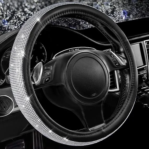 CAR PASS Bling Diamond Leather Steering Wheel Cover, with Sparkly Crystal Glitter Rhinestones Universal Fit 14" 1/2-15" Car Wheel Protector for Women Girl Fit Suvs,Vans,Sedans,Car,Trucks, Silver