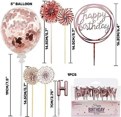 MOVINPE Rose Gold Cake Topper Decoration with Happy Birthday Candles Happy Birthday Banner Confetti Balloon Paper Fans for Rose Gold Theme Party