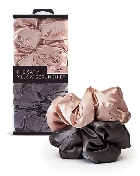 Kitsch Satin Hair Scrunchies for Women - Softer Than Silk Scrunchies for Hair | Satin Scrunchies for Girls & Stylish Satin Hair Ties for Women 2 pc (Black/Gold)