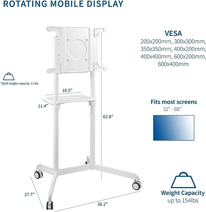 VIVO Mobile Premium TV Cart for 32 to 88 inch Screens up to 154 lbs, Samsung Digital Flipchart, Microsoft Surface Hub 2S, Portrait to Landscape, Shelf, Wheels, Max VESA 600x400, White, STAND-TV02PW