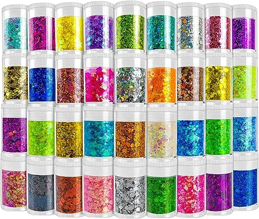 Holographic Chunky and Fine Glitter Mix, 36 Colors Chunky Sequins & Glitter Powder Mix, Iridescent Cosmetic Glitter Flakes for Nail Art Face Body Eye Makeup, Craft Glitter for Epoxy Resin Tumblers