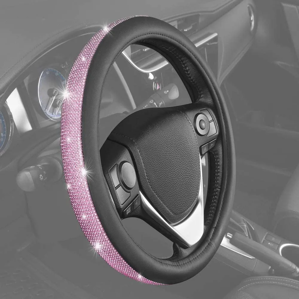 Leatherette Crystal Bling Steering Wheel Cover for Car SUV, Glitter Sparkle Rhinestone Cute Car Accessories for Women Universal Fit Standard Size (Fits 14.5"-15") - Black w/ Pink Bling