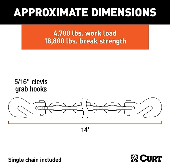 Curt 80305 14' Transport Binder Safety Chain with 2 Clevis Hooks