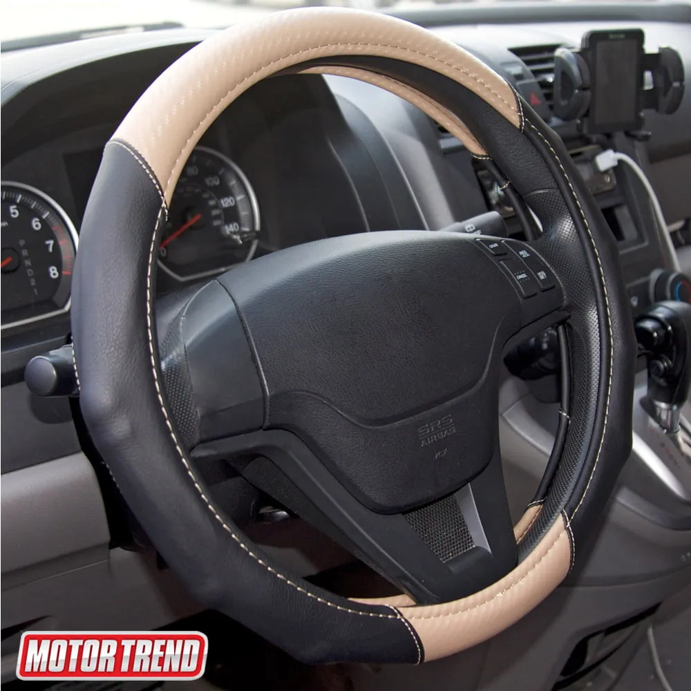 Motor Trend GripDrivePro Carbon Fiber Grip Leather Steering Wheel Cover Universal Fit 14.5 - 15.5" (Beige Color)