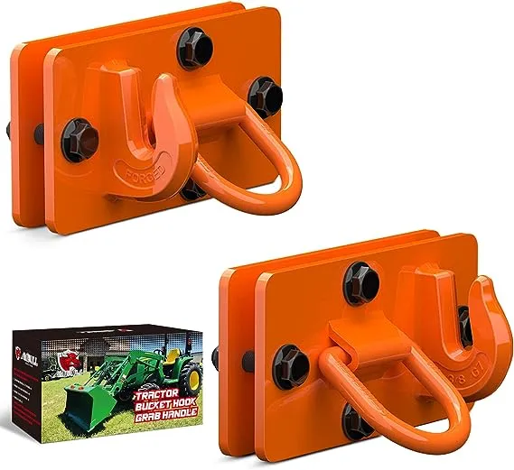 AMBULL 2 Pack Tractor Bucket Hooks with Tie Down Ring, Grade 70 Forged Steel Bolt On Grab Hook Tow Hook Mount with Backer Plate, Work Well for Tractor Bucket, RV, UTV, Truck, Max 15,000 lbs Orange