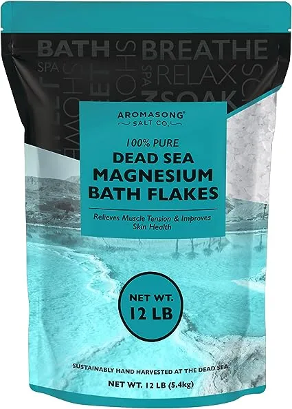 Aromasong Magnesium Flakes from The Dead Sea, 12 LB Resealable Pack - Muscle Relaxing Magnesium Chloride Bath Salts Soak for Headaches, Stress & Leg Discomfort.