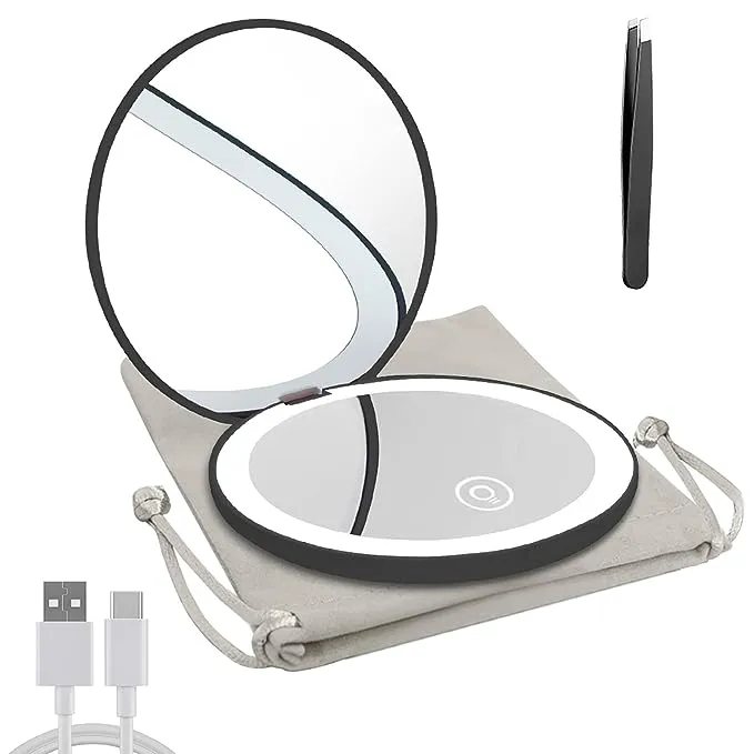 Compact Mirror with LED Light- 1x/10x Magnifying Rechargeable Mirror- 3.5in Dimmable Travel Mirror- for Purse-Pocket-Handheld 2-Sided Makeup Mirror(Cyan 2Pc)