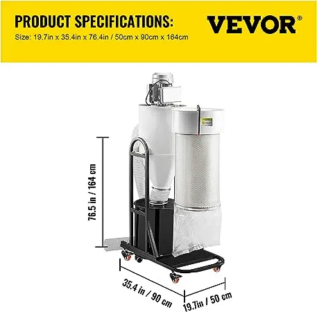 VEVOR 2 HP Portable Cyclone Dust Collector, 1,500 CFM Woodworking Dust Collector with 13.2-Gallon Collection Drum and Mobile Base, 220V Dust Collection System 3-Micron Canister Kit