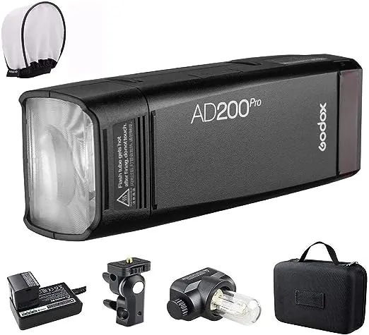 GODOX AD200 Pro AD200Pro Strobe, 200Ws 2.4G Flash Strobe, 1/8000 HSS, 500 Full Power Flashes, 0.01-1.8s Recycling, 2900mAh Battery, Bare Bulb/Speedlite Fresnel Flash Head, Lightweight Compact