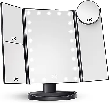 HUONUL Makeup Mirror Vanity with Lights, 2X 3X 10X Magnification, Lighted Mirror, Touch Control, Trifold Dual Power Supply, Portable LED Women Gift (Black)