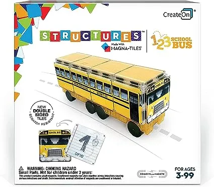 CreateOn Magna-Tiles Structure-Building Set for Kids, 123 School Bus Magnet Tiles, Magnetic Kids’ Building Toys, STEM Toys for Boys and Girls Ages 3+, 16 Pieces