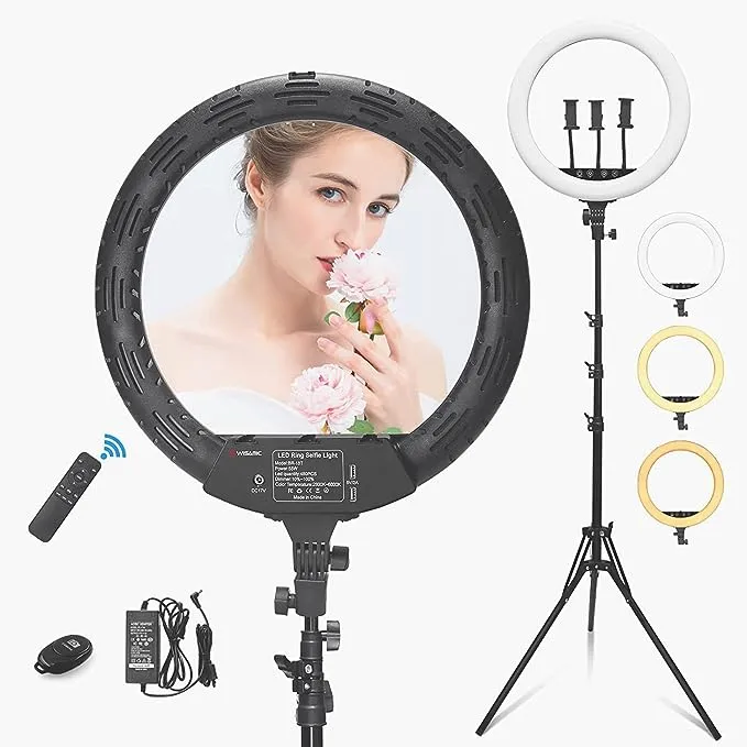 WISAMIC 18” Ring Light Kit with Tripod Stand and Phone Holder Bi-Color Dimma ARO De Luz 55W 2800K-6000K Big LED Ring Light with Remote and Bluetooth for Makeup Selfie YouTube TikTok Vlog Live Stream