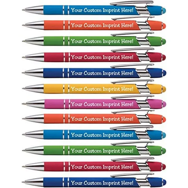 Premium Custom Pens with Stylus | Burst of Color | Personalized Soft-Touch Metal Printed Name Pens w/ Black Ink - Imprinted w/ Logo or Message - 12 pcs/pack (Assorted)