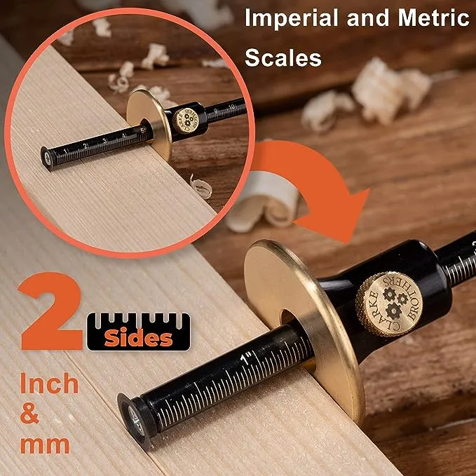 Clarke Brothers Wheel Marking Gauge - Woodworking Marking Scriber Kit With 2 Replacement Cutters - Wood Marking Tools With Graduated Inch & MM Scale - Wood Scribe Tool For Carpenter