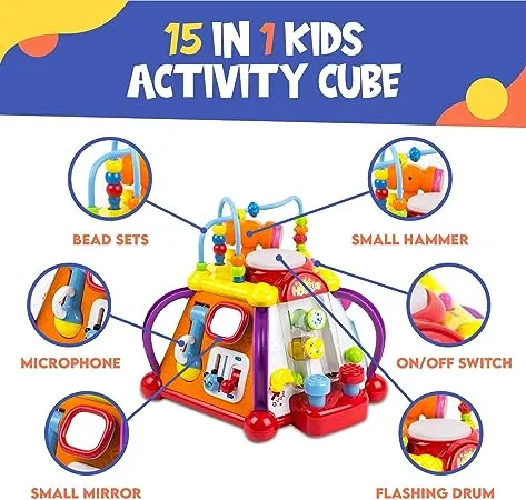 Toysery Baby Activity Center – Toddler Kids Learning & Skill Development Cube with Lights & Music. Enhance Skill Development with a 15 in 1 Game Functions Toy