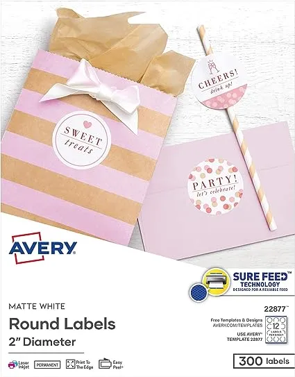 Avery Laser/Inkjet Permanent Round Labels, 2" Diameter, Matte White, 300 Labels Per Pack (22877)