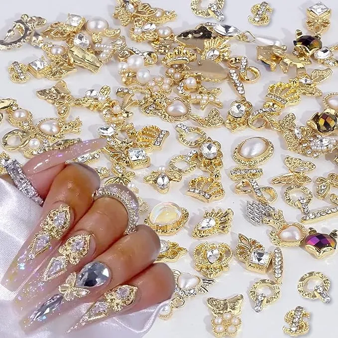 Dornail 50pcs Gold Nail Charms for Acrylic Nails, Mix Styles Shiny Pearl Alloy Nail Rhinestones Flower Butterfly Heart Star Charms for Nails Women Nail Jewels Nail Decorations for Nail Art Charms