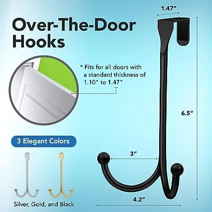 2-Pack Over The Door Hooks - with 2 Hang Heads & Snug Fit Pads Heavy Duty Hook for Hanging Coats, Towels, Caps & Robes - Elegant Matt Finish - No Drill Hanger Organizer - Black