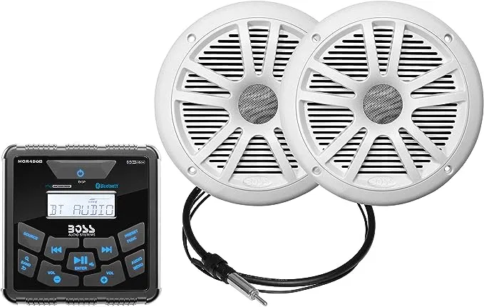 BOSS Audio Systems MCKGB450W.6 Weatherproof Marine Gauge Receiver and Speaker Package - IPX6 Receiver, 6.5 Inch Speakers, Bluetooth Audio, USB MP3, AM FM, NOAA Weather Band Tuner, No CD Player