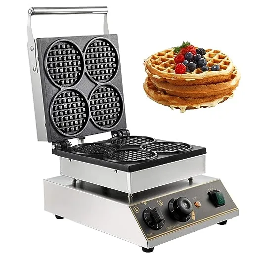 VEVOR Commercial Waffle Maker, 4pcs Round Waffle Iron, Non-Stick Industrial Belgian Waffle Maker Stainless Steel 110V Temp and Time Control, Suitable for Restaurant Bakeries Snack Bar Family