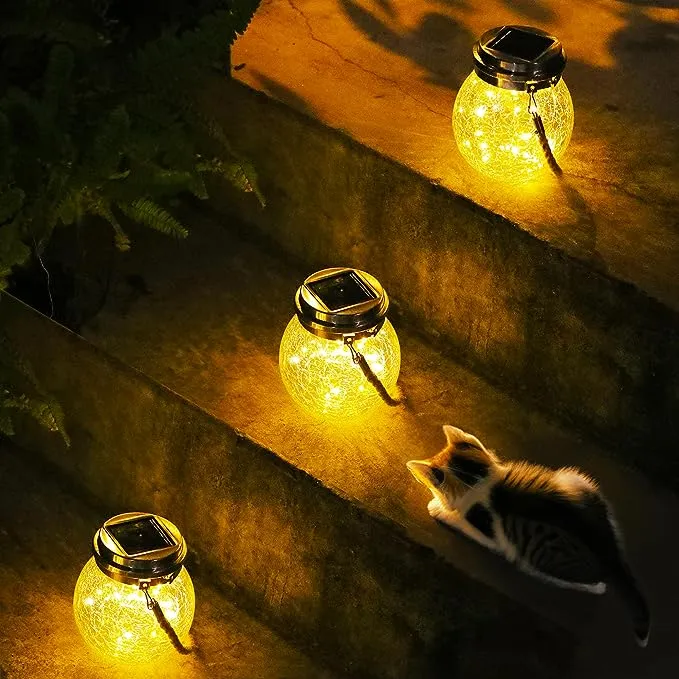 Cooo 6 Pack Solar Lanterns Outdoor Waterproof Hanging Crack Glass Lanterns 30 LED Fairy Lights Garden Patio Porch Yard Backyard Balcony Lawn Tree Deck Table Decor Stainless Cover - Large Lantern