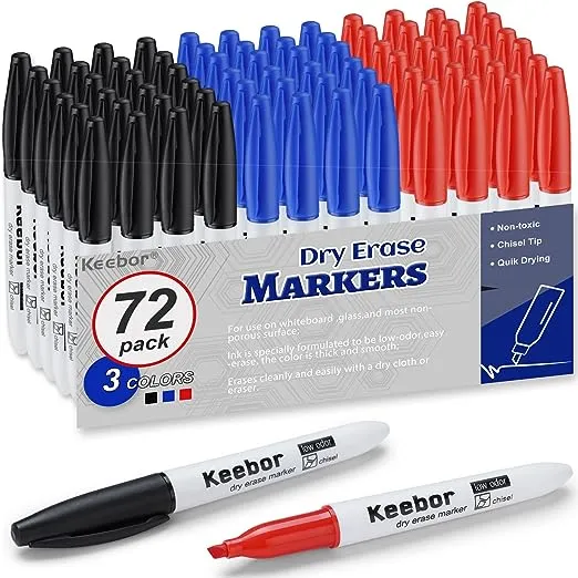 Dry Erase Markers Fine Tip, 3 Assorted Colors, 72 Pack Low-Odor Whiteboard Markers, Office Supplies