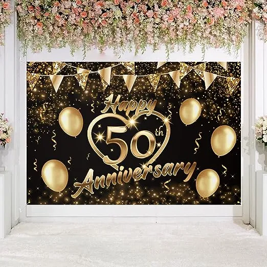 Happy 50th Anniversary Backdrop Banner Decor Black Gold – Glitter Love Heart Happy 50 Years Wedding Anniversary Party Theme Decorations for Women Men Supplies