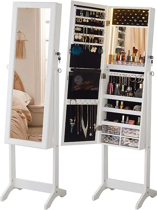 LUXFURNI LED Jewelry Organizer, Standing Jewelry Storage Cabinet with Full-Length Mirror, Lockable Jewelry Armoire with Drawers, White