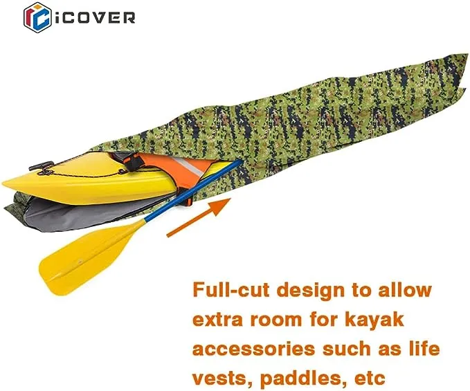 i COVER 13ft Kayak Cover- Water Proof Heavy Duty Kayak/Canoe Cover Fits Kayak or Canoe up to 13ft Long and Beam Width up to 30in, Camo