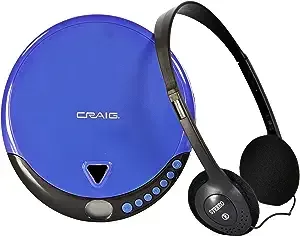 Craig CD2808-BL Personal CD Player with Headphones in Blue and Black | Portable and Programmable CD Player | CD/CD-R Compatible | Random and Repeat Playback Modes |