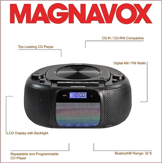 Magnavox MD6972 Portable Top Loading CD Boombox with Digital AM/FM Stereo Radio, Color Changing Lights, and Bluetooth Wireless Technology | CD-R/CD-RW Compatible | LCD Display |