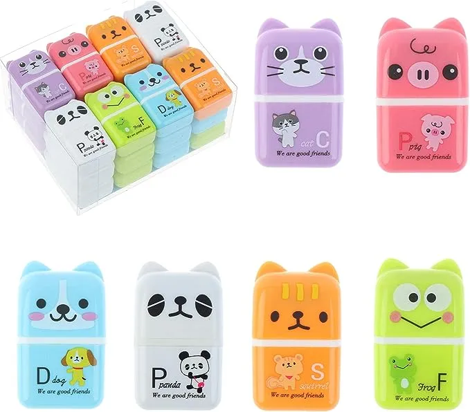 24 Pieces Erasers Roller Erasers Portable Cube Pencil Flexible Rubber Cute Animal Durable Soft Erasers Gift Eraser with Roller Cases for School, Office, Kids(6 Patterns)