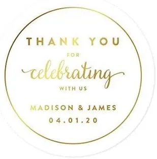 Andaz Press Personalized Round Circle Wedding Favor Gift Labels Stickers, Metallic Gold Ink, Thank You for Celebrating with US, 40-Pack, Custom Made Any Name