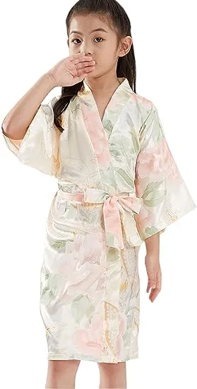 QXQTER Girls Floral Silk Kimono Robe Wedding Flower Girl Robes Dressing Gown Bathrobes Housecoat