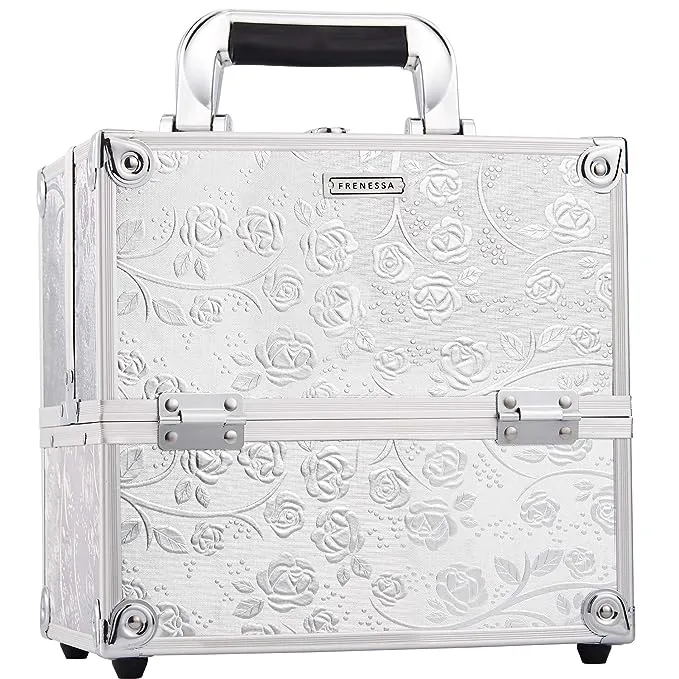 FRENESSA Makeup Train Case Portable Cosmetic Box Organizer 4 Trays Aluminum Makeup Case Storage with Divider Lockable for Makeup Artist, Crafter, Makeup Tools Elagant Silver Rose