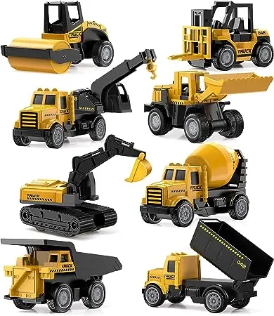 Geyiie Alloy Small Construction Cars Vehicles, Die Cast Mini Construction Truck Toys, Heavy Duty Bulldozers Excavator Cement Dump Toys Outdoor Easter Gifts for Kids Toddler